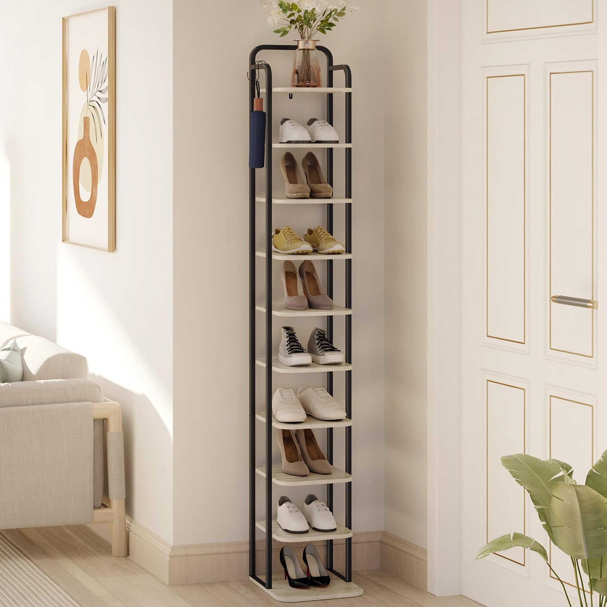 Hzuaneri Vertical Shoe Rack, Shoe Shelves, Wood Shoe Organizer For Closet, Entryway, Shoe Tower For Small Spaces, Free Standing, Adjustable, With 2 Hooks, 10 Tier Greige Sr11205B